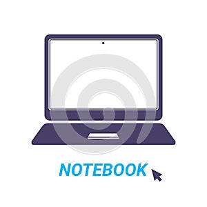 Laptop with pointer or cursor icon isolated. Notebook screen template. Display on white background