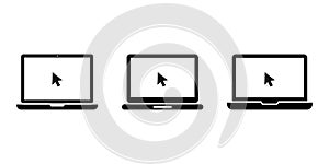 Laptop with pointer or cursor icon set. Notebook vector icon. Display with clicking mouse. Laptop icon