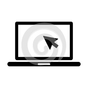 Laptop with pointer or cursor on screen icon. Simple solid style icon.