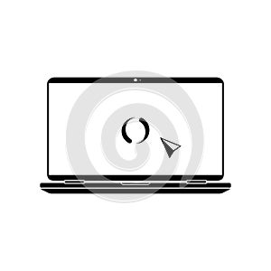 Laptop with pointer and download or mouse cursor icon in black on an isolated white background. EPS 10 vector