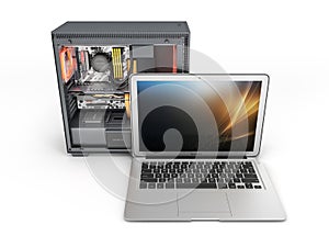 Laptop with a powerful desktop computer isolated on white background 3d illustration