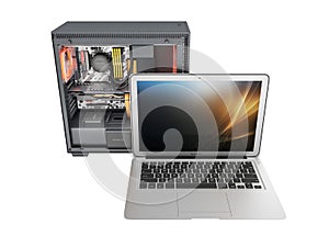 Laptop with a powerful desktop computer isolated on white background 3d illustration without shadow