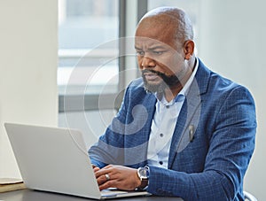 Laptop, problem and frustrated black man in office with online error or reading mistake in report. Internet, fail and