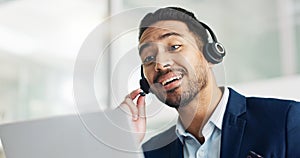 Laptop, problem solving and business man in call center with headset for customer support or service. Smile, computer
