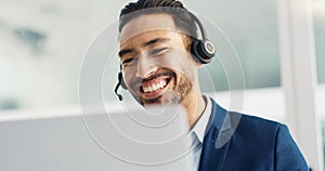 Laptop, problem solving and business man in call center with headset for customer support or service. Smile, computer