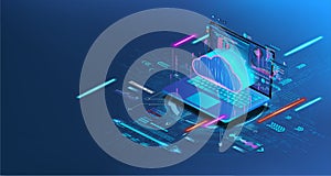 Laptop with programming code and cloud storage in isometric. Futuristic banner