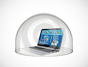 Laptop protection concept glass dome secure computer against viruses