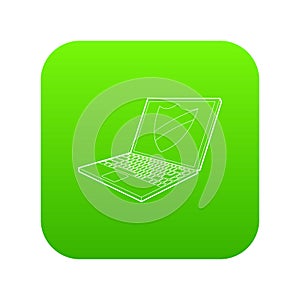 Laptop with protection shield icon green vector