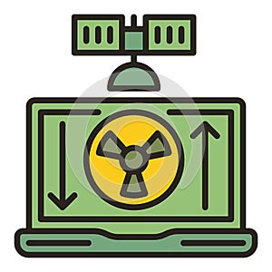 Laptop with Radiation symbol on screen connected with Satellite vector colored icon or design element