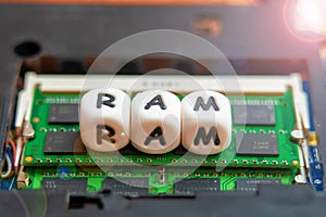 Laptop RAM concept, the inscription RAM is located on the laptop RAM chip