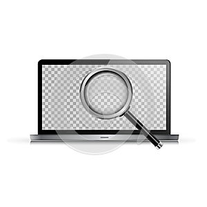 Laptop and Realistic Magnifying glass. Vector illustration. Computer with transparent screen for your image. 3d mock up. An