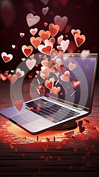 Laptop and red hearts flying out of it. Heart as a symbol of affection and