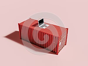 Laptop with red shipping container. Drop shipping concept background