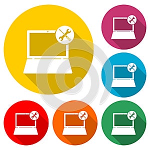 Laptop repair icon isolated with long shadow