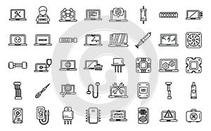 Laptop repair icons set outline vector. Repair computer