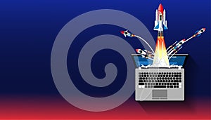 Laptop and rocket - creative illustration of business startup new ideas concept vector.