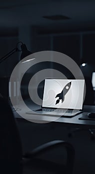 Laptop with Rocket Launch Icon at Night