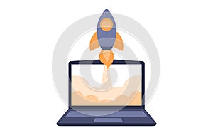 Laptop with rocket launching for a website launch