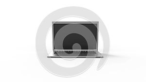 Laptop rotating opening and zooming on white background