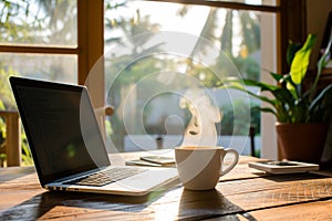 laptop on a rustic wooden table with a steaming coffee