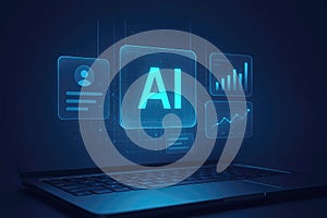 Laptop screen with AI interface showing user profile and data analytics in blue artificial intelligence