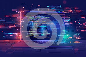 Laptop screen with binary code and world map, digital technology concept.