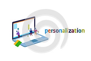 Laptop screen business people personalization interface concept team painting monitor creative new idea
