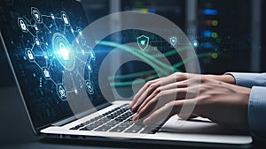 Laptop screen cybersecurity network with glowing padlock technology