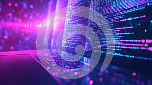 Laptop screen displaying abstract programming code and digital data