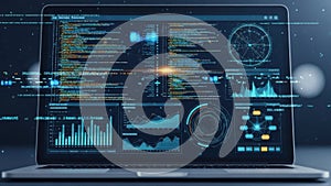 A laptop screen displaying advanced software programming code and complex digital data analytics