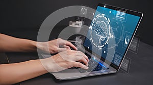 Laptop screen displaying AI brain interface with data charts and analytics in a modern setting