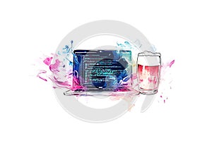 Laptop screen displaying code with a beer