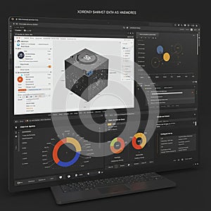 Laptop screen displaying a complex data analysis dashboard. The interface includes