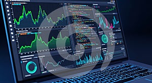 Laptop screen displaying a complex data analysis interface. Multiple windows