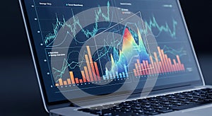 Laptop screen displaying complex data visualization with graphs and charts. The
