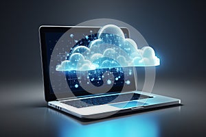 Laptop screen displaying a sophisticated digital illustration of cloud computing technology concept