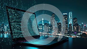 Laptop screen displays binary code, city skyline background at night. Technology, computer science, information technology, data