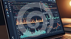 A laptop screen displays a data analysis interface featuring various graphs and
