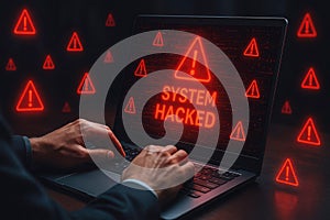 Laptop screen displaying SYSTEMHACKED message with red warning triangles and digital code