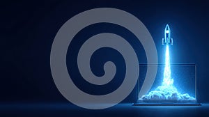 Digital rocket launch from a laptop screen representing innovation and technology