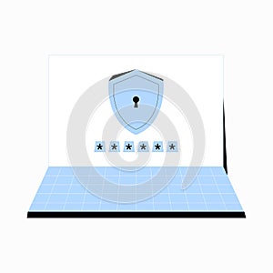 Laptop With Cybersecurity Shield And Password Protection In Flat Vector Illustration Symbolizing Digital Security, Data