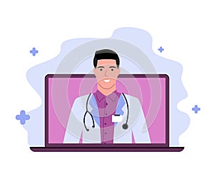 Laptop screen with doctor in messenger and online consultation, expert advice, consulting diagnose a doctor online