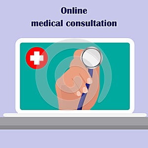 On the laptop screen the doctor s hand holding stethoscope, aimed at the viewer. Online medical consulting concept. Tele, online,