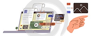Digital Content Creation Process with Laptop, Coding, Media, and Design Elements