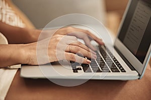 Laptop, screen and hands of woman with typing for job application, digital information and opportunity. Home, keyboard