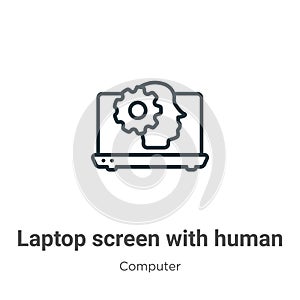 Laptop screen with human head graphic outline vector icon. Thin line black laptop screen with human head graphic icon, flat vector