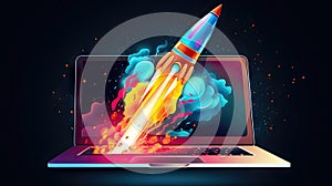 Laptop Screen Launches Rocket into Blue Sky. Innovative Technology Concept
