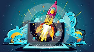 Laptop Screen Launches Rocket into Blue Sky – A Vision of Innovative Technology