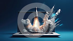 Laptop Screen Launches Rocket into Blue Sky – A Vision of Innovative Technology