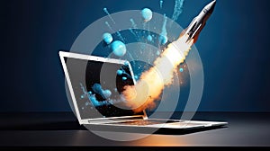 Laptop Screen Launches Rocket into Blue Sky – A Vision of Innovative Technology